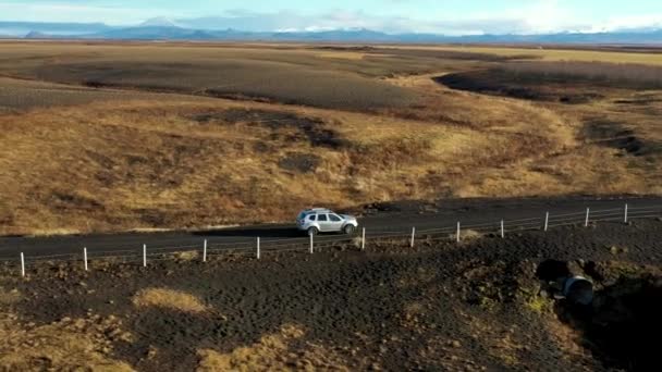 Vista Lateral Carro Dirigindo Através Uma Paisagem Rural Amarela Islândia — Vídeo de Stock