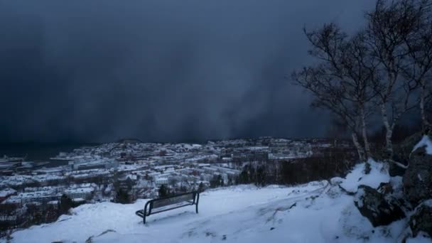 Dark Storm Clouds Moving Community Trondheim Vanaf Lookout Kiosk Kuhaugen — Stockvideo