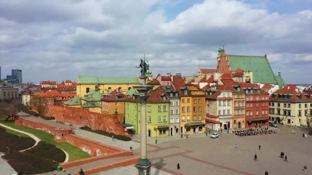 Aerial View Kolumna Zygmunta Statue Old Town Warsaw Sunny Poland — Stock Video