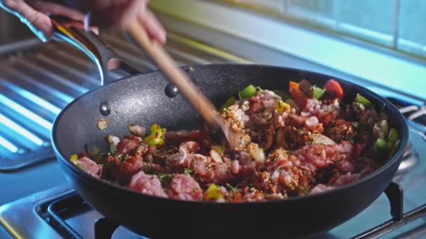 Chili Con Carne Töltelék Tortilla Recepthez Közelről — Stock videók