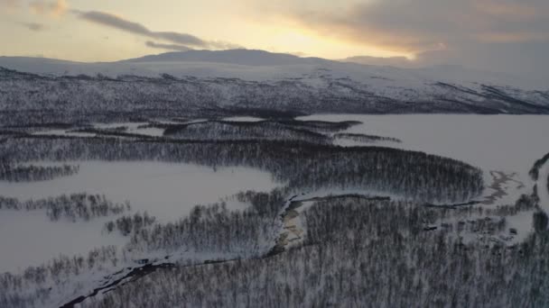Karda Uçan Hava Manzarası Skandinav Dağlık Orman Arazisini Kaplamıştı Gündoğumunda — Stok video