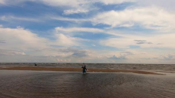 Kite Surfer Walking Waves His Board Kite — Stock Video