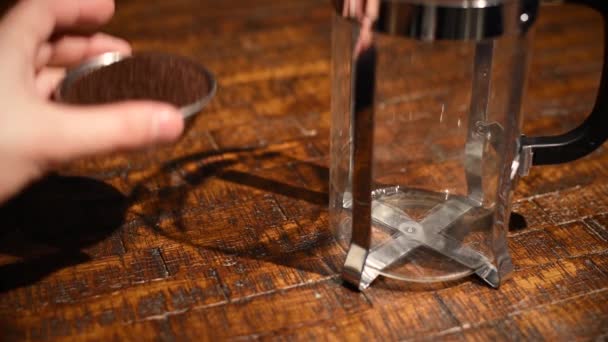 Coffee Grounds Being Poured French Press — Stock Video