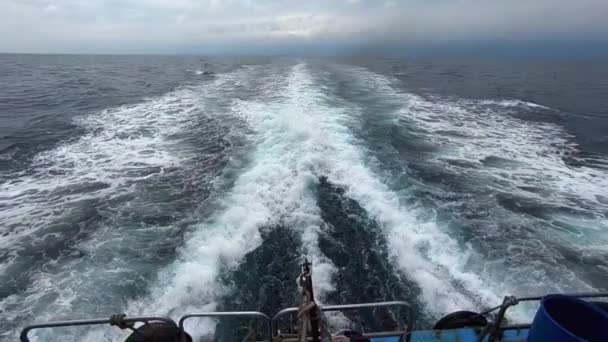 Vue Arrière Bateau Dans Mer Bleu Profond Que Sillage Des — Video