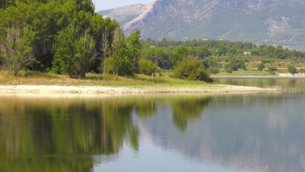 Klidné Jezero Odrážející Stromy Hory Vodní Hladině Zpomalený Pohyb — Stock video