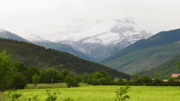 Ośnieżone Pireneje Góry Nad Zieloną Żyzną Doliną Panoramiczny Strzał — Wideo stockowe