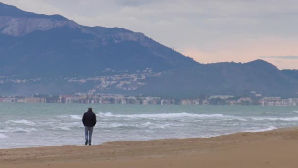 朝一人で砂浜を歩く男 — ストック動画