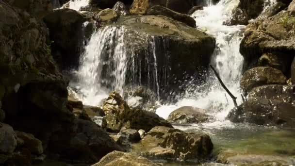 Bergbeekje Stroomt Rotsen Het Water Slow Motion — Stockvideo