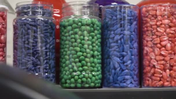 Science研究室でのカラー処理大豆とトウモロコシの種子の瓶 — ストック動画