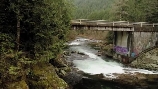 Puente Cruza Río Washougal Con Graffiti Lado Cámara Lenta Aérea — Vídeos de Stock