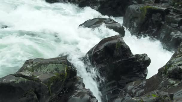 Vatten Klyvs Majestätiskt Runt Basalt Stenar Vid Moulton Falls Blå — Stockvideo