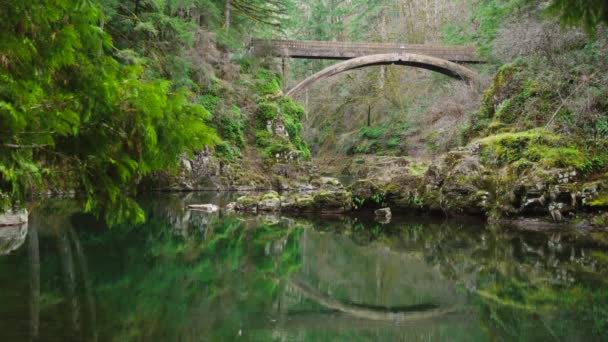 Puente Arco Madera Reflejado Río Lewis Parque Moulton Falls — Vídeos de Stock