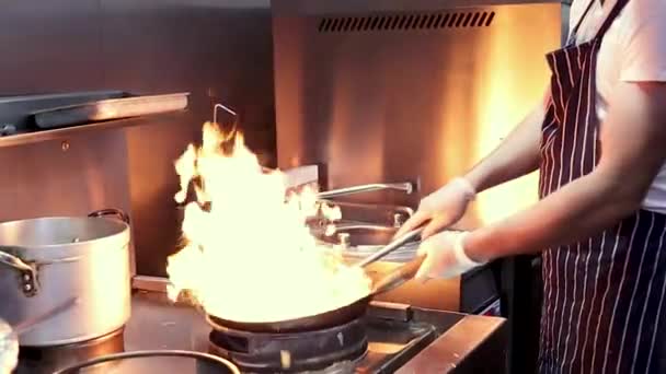 Stir Fry Cooking Flames Slow Motion — Stock Video