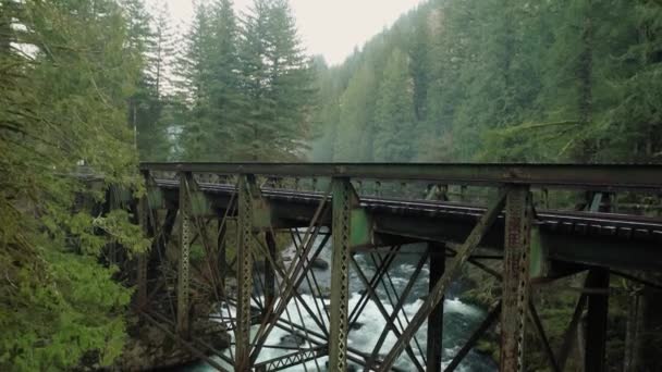 Vuelo Escalada Con Pan Abajo Revelando Puente Ferroviario Río Lewis — Vídeos de Stock