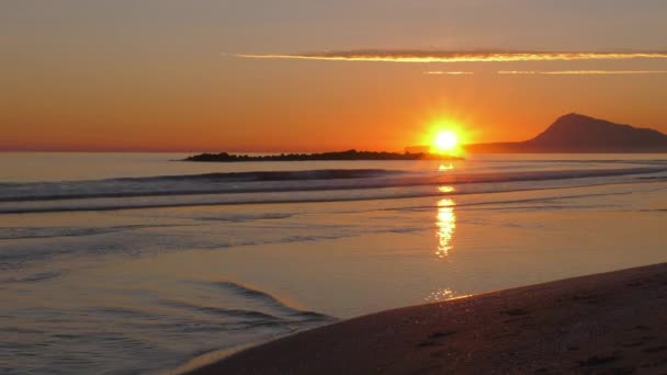 Sunrise Beach Slow Motion Waves Sandy Shore Calm Ripples Shallow — Stock Video