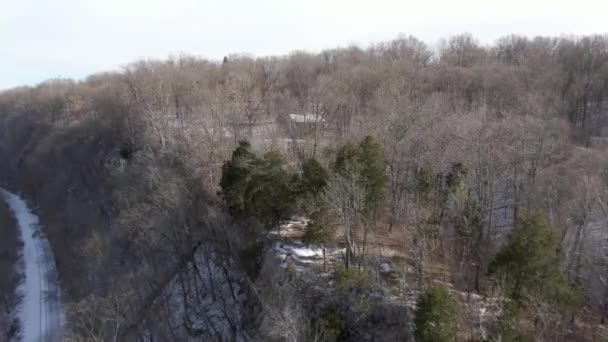 Ormandaki Terk Edilmiş Bir Kulübenin Hava Aracı Görüntüsü Çıplak Ağaçlar — Stok video