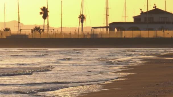Opuštěná Pláž Vlnami Břehu Přístav Pozadí Časné Ráno Oliva Španělsko — Stock video