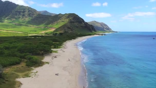 夏威夷一个僻静的白色沙滩上的无人机镜头 美丽的青翠茂密的群山和大海 夏威夷瓦胡岛美丽的性海滩祈祷海岸线 — 图库视频影像