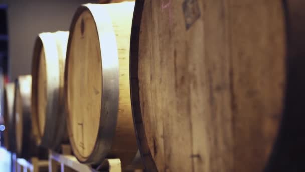 Regálové Zaměření Dřevěných Sudů Pivo Víno Whisky — Stock video