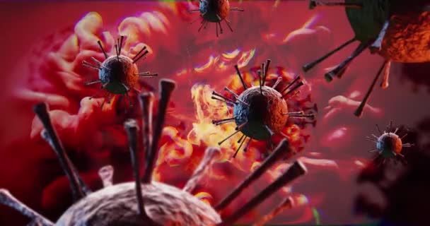 Red Biohazard Pathogen Viruses Nucleus Bloodcell Fire Close Animation Sars — Stock Video