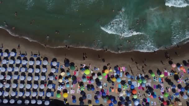 Вид Высоты Птичьего Полета Занятой Пляж Летом Зонтиками Морем — стоковое видео