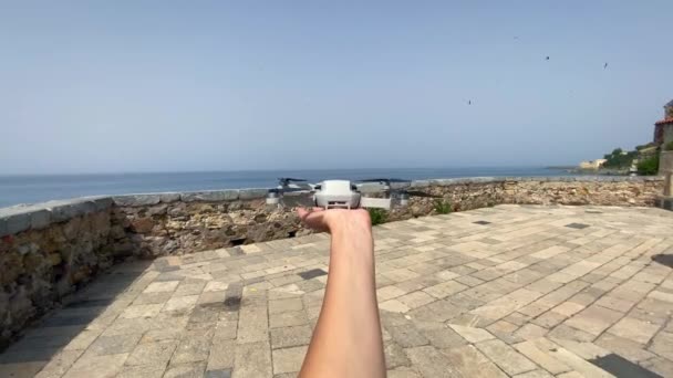 Vista Primera Persona Dron Despegando Una Mano Con Aves Volando — Vídeo de stock