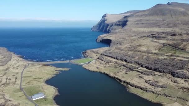 Aerial View Football Field Close Sea Feroe Islands — Stock Video
