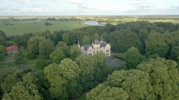 Lush Trees Surrounded Water Castle Evenburg Leer Germany Aerial Wide — Stock Video
