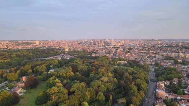 Flygfoto Över Staden Bruxelles Från Atomium Vid Solnedgången Bakgrunden Kan — Stockvideo