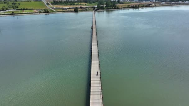Дрони Велосипедиста Перетинає Міст Затоки Фідальго — стокове відео