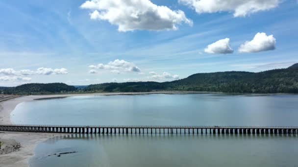 Wide Aerial Shot Large Foot Bridge Crossing Fidalgo Bay — Stock Video