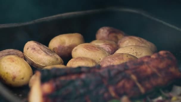 Slow Motion Smoked Potatoes Onions Savory Tenderloin Being Pulled Grill — Stok Video