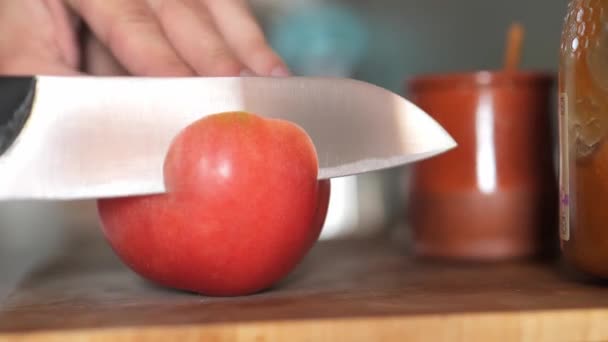 Zeer Scherpe Santoku Mes Snijden Snijden Van Een Tomaat — Stockvideo