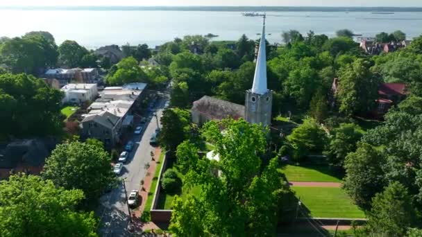 Historische Kirche Delaware River Luftaufnahme Von New Castle Usa — Stockvideo