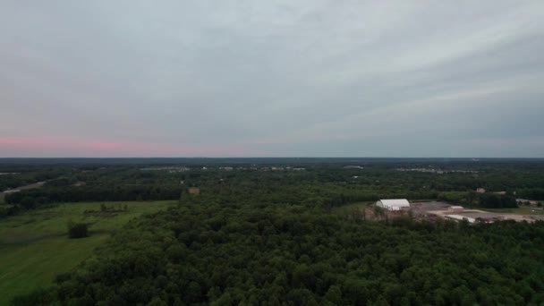 Drone Vista Del Bosque Con Atardecer Carretera Cielo Dramático Aéreo — Vídeos de Stock