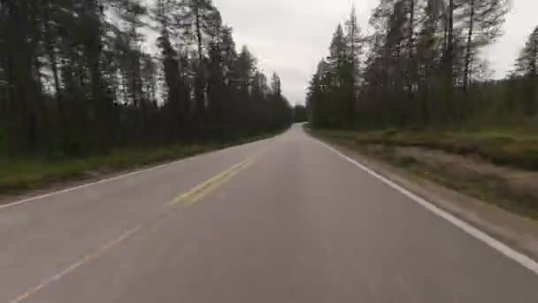 Auf Schmaler Waldstraße Lappland Mit Vorbeifahrenden Autos Unterwegs — Stockvideo