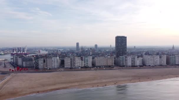 Ostend City North Sea Belgium Aerial Pullback Beach — Stock Video