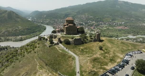 Drone View Georgian Orthodox Monastery Jvari Mtskheta Georgia Rivers Mtkvari — 비디오