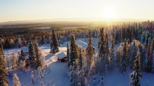 Luftaufnahme Über Schneebedeckte Hütten Sonnenaufgang Umgeben Von Skandinavischen Wäldern — Stockvideo