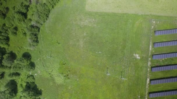 Voando Diretamente Acima Dos Painéis Solares Fazenda Campos Verdes Cercados — Vídeo de Stock