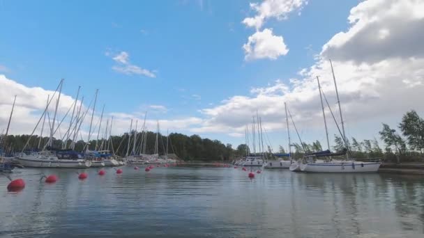 Time Lapse Cumulus Clouds Roll Blue Sky Sailboat Marina — Stock Video