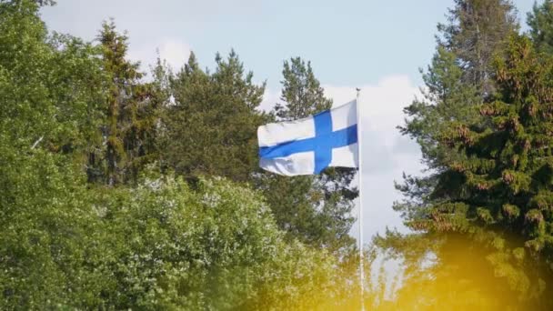 Slomo Bandeira Finlândia Voando Natureza Típica Finlandesa Entre Pinheiros Estática — Vídeo de Stock