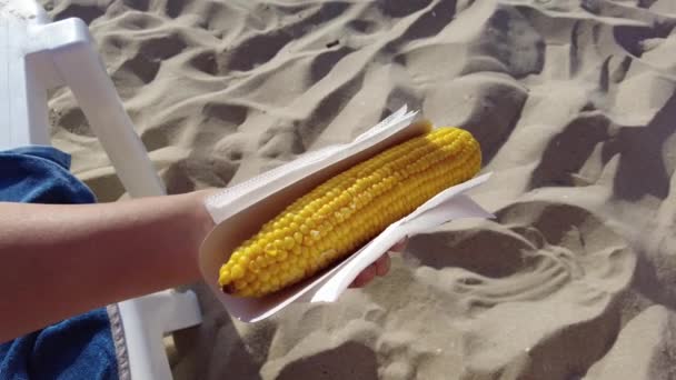 Holding Sweet Corn Beach — Stock Video