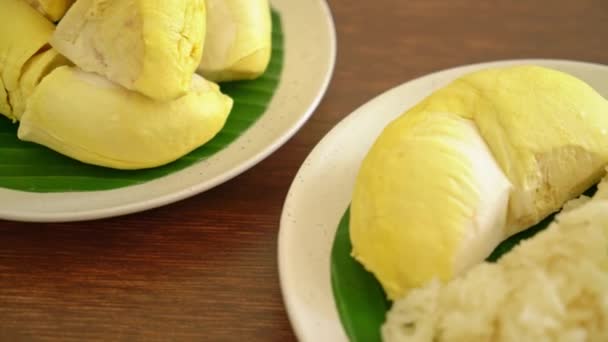 Durian Met Kleverige Rijst Zoete Durian Schil Met Gele Boon — Stockvideo