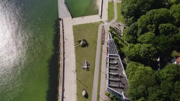 Zdjęcia Ptaków Lotu Ptaka Promenadę Gdyni Odbiciem Słońca Wodzie — Wideo stockowe