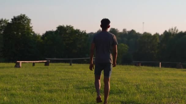 Rückansicht Eines Jungen Mannes Der Auf Einer Parkwiese Vor Der — Stockvideo