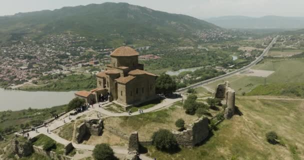 Jvari Kloster Clifftop Georgian Orthodox Mit Mtskheta Town Mtkvari Und — Stockvideo