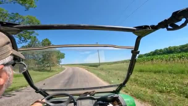 Farmer Driving His Utility Vehicle Rural Road Farmhouse Fields Concepts — Stock Video