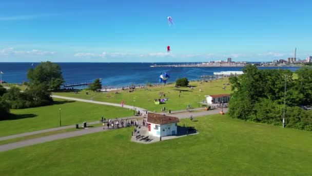 Ludzie Grający Latawce Latawce Wietrzny Dzień Sibbarp Park Kempingu Limhamn — Wideo stockowe