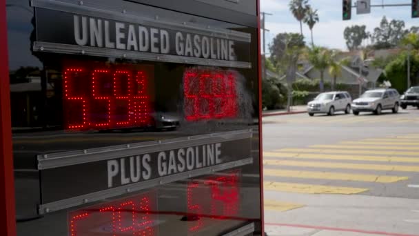 High Gas Prices Gas Station Sign Traffic Background Regular Close — Stock Video